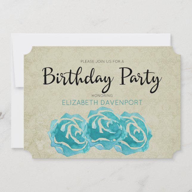 Teal Watercolor Roses On Tan Damask Birthday Party Invitation (Front)