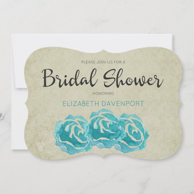 Teal Watercolor Roses On Tan Damask Bridal Shower Invitation (Front)