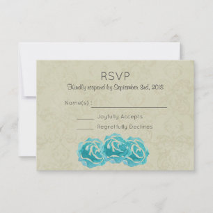 Teal Watercolor Roses on Tan Damask Wedding RSVP Card