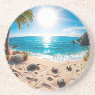 Teal Watercolor Sea Turtle Coastal Zen Coaster