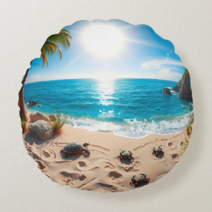 Teal Watercolor Sea Turtle Coastal Zen Round Cushion