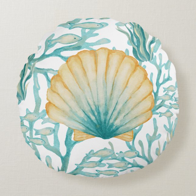 Teal Watercolor SeaShell Round Cushion (Front)