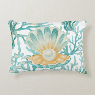 Teal Watercolor Shell Pearl Decorative Cushion