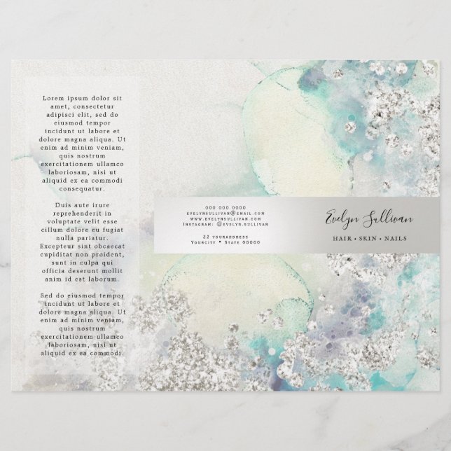 Teal watercolor silver glitter brochure (Front)