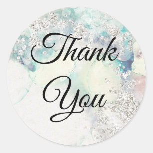 Teal watercolor silver glitter classic round sticker