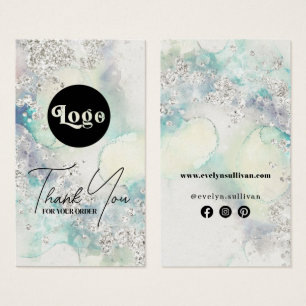 Teal watercolor silver glitter package insert