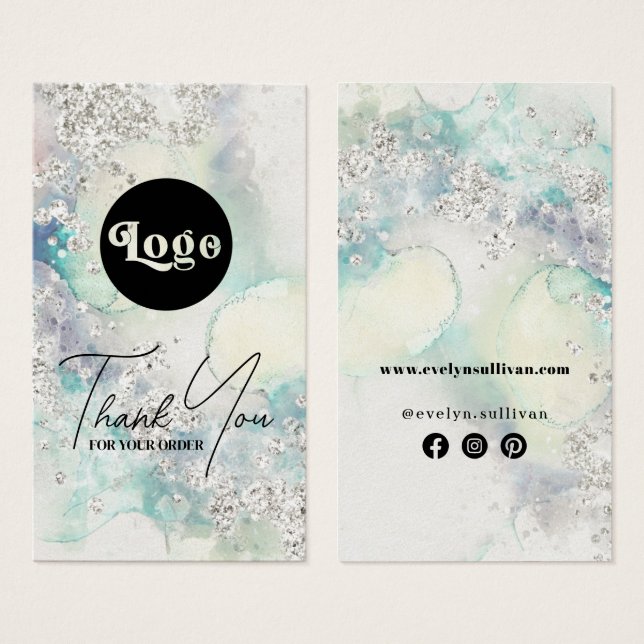 Teal watercolor silver glitter package insert (Front & Back)