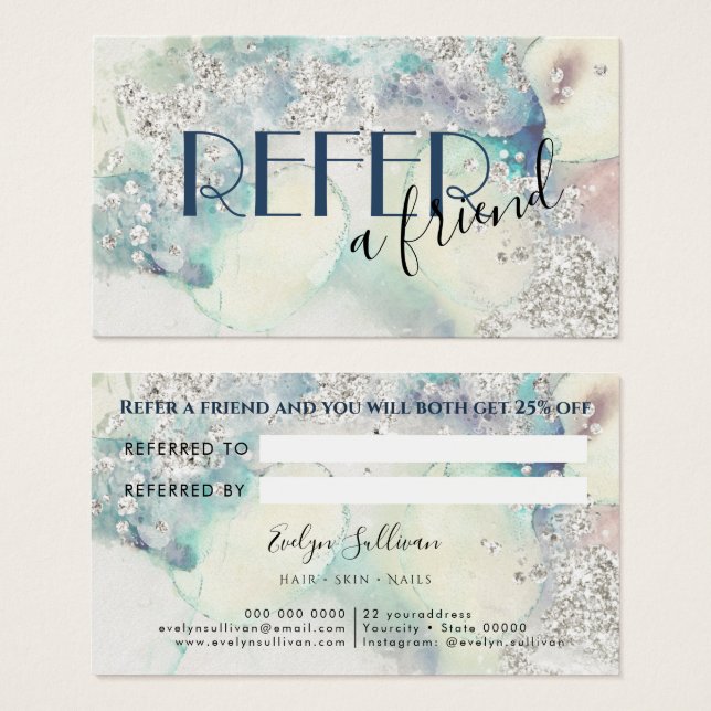 Teal watercolor silver glitter referral card (Front & Back)
