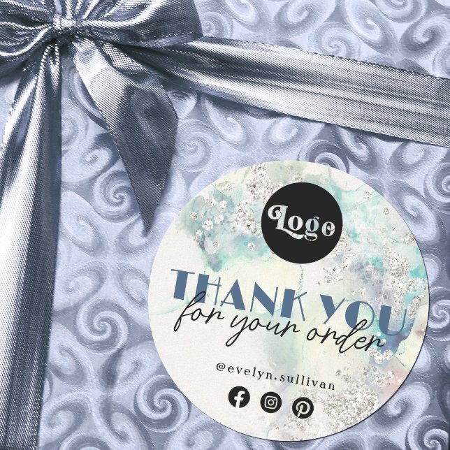 Teal watercolor silver glitter thank you sticker (Creator Uploaded)