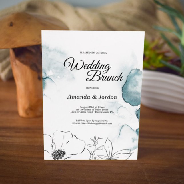 Teal Watercolor Sketch Wedding Brunch Invitation (Creator Uploaded)