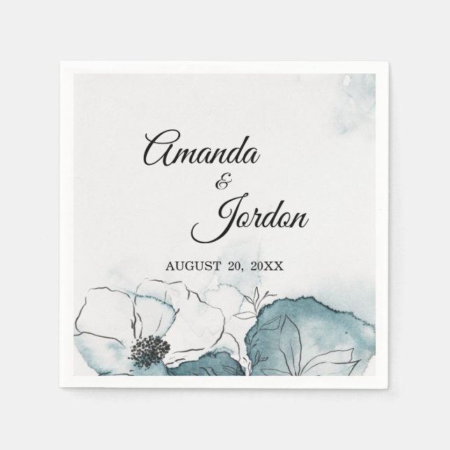 Teal Watercolor Sketch Wedding Cocktail Napkin (Front)