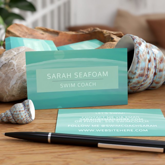 Teal Watercolor Waves Modern Swim Coach Business Card (A teal watercolor design that will look great as your Swim Coach Business Cards. Add your details)