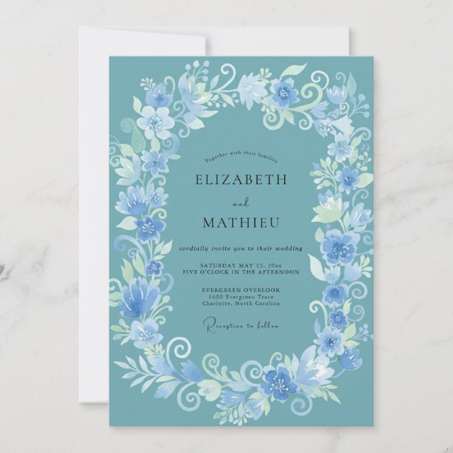 Teal Watercolor Wildflower Wedding Invitation (Front)