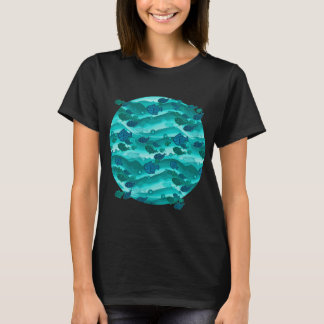 Teal Waves Fish Pattern T-Shirt