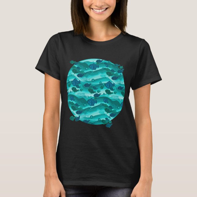 Teal Waves Fish Pattern T-Shirt (Front)