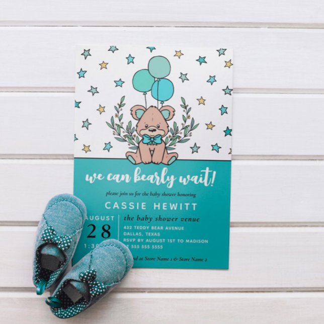 Teal We Can Bearly Wait Boy Baby Shower Invitation (Creator Uploaded)