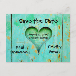 Teal Weathered Wood Heart -Save the Date Post Card