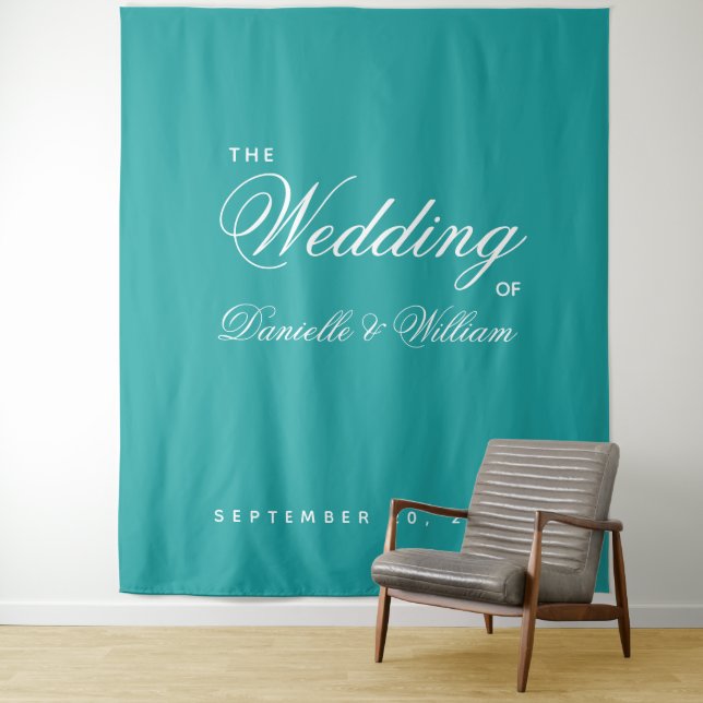 Teal Wedding Backdrop - Simple Elegant Calligraphy Tapestry (In Situ)