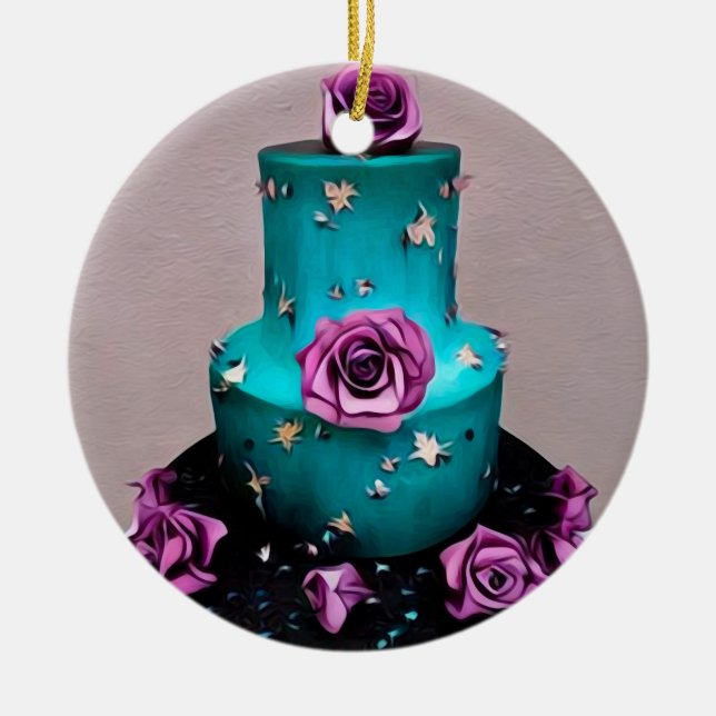 Teal Wedding Cake Ceramic Tree Decoration (Front)