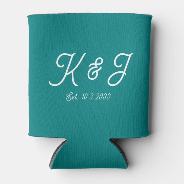 Teal Wedding Favour Monogrammed Can Cooler (Front)
