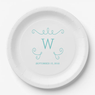 Teal Whimsical Flourish Monogram Paper Plates