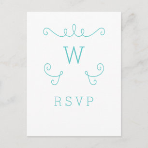 Teal Whimsical Flourish Monogram RSVP Postcard