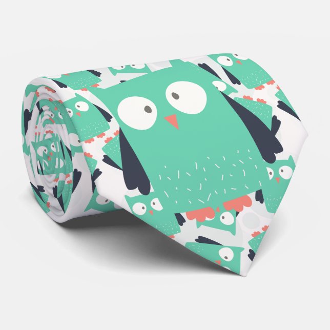 Teal Whimsical Owl Tie (Rolled)