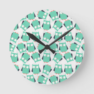 Teal Whimsical Owls Round Clock