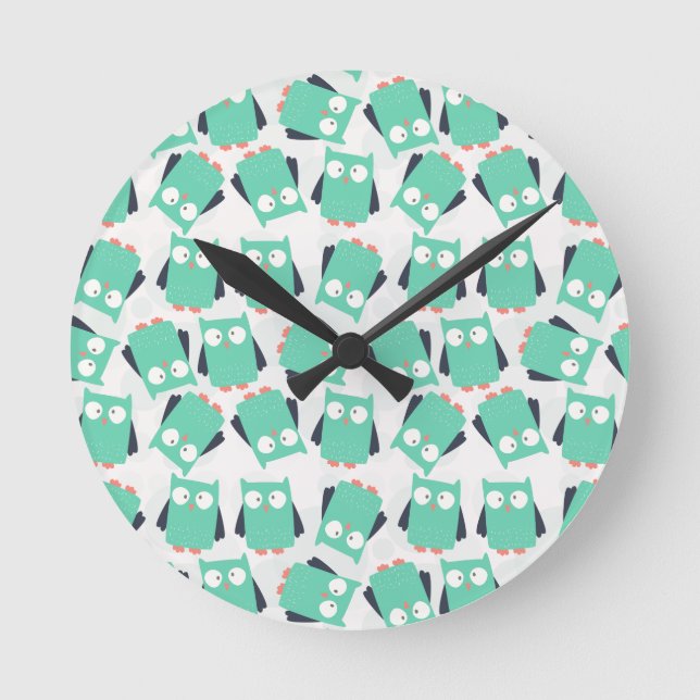 Teal Whimsical Owls Round Clock (Front)