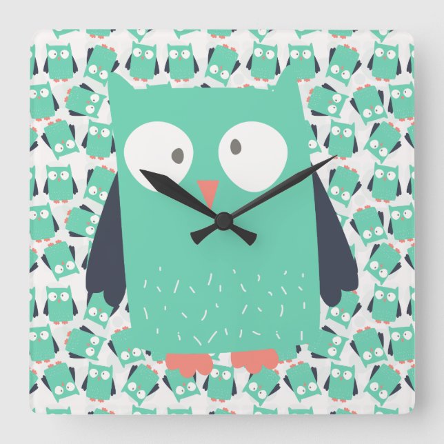 Teal Whimsical Owls Square Wall Clock (Front)