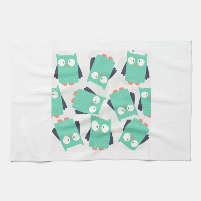 Teal Whimsical Owls Tea Towel (Horizontal)