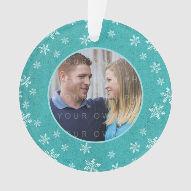 Teal Whimsical Snowflakes Holiday Photo Ornament (Front)
