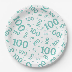 Teal/White 100th Birthday Party Number Pattern Paper Plate