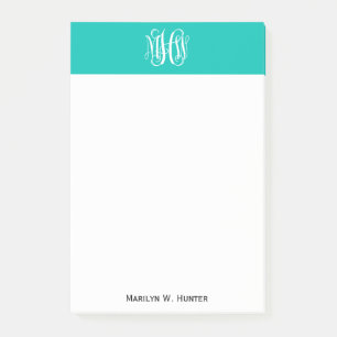 Teal White 3 Initials Vine Monogram DIY BG Post-it Notes