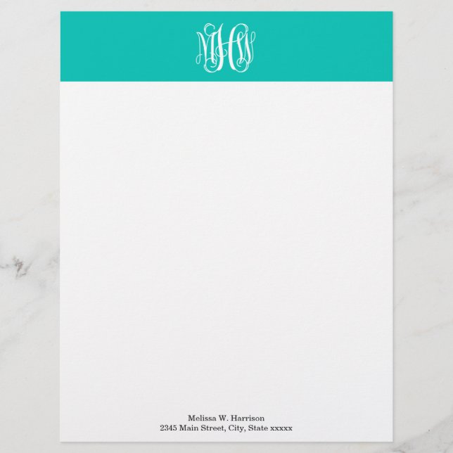 Teal White 3 Initials Vine Script Monogram DIY BG Custom Letterhead (Front)