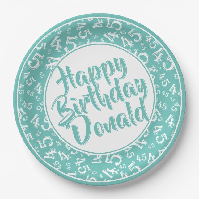 Teal/White 45th Happy Birthday Number Pattern Paper Plate (Front)