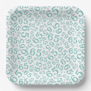 Teal/White 65th Random Number Pattern Paper Plate