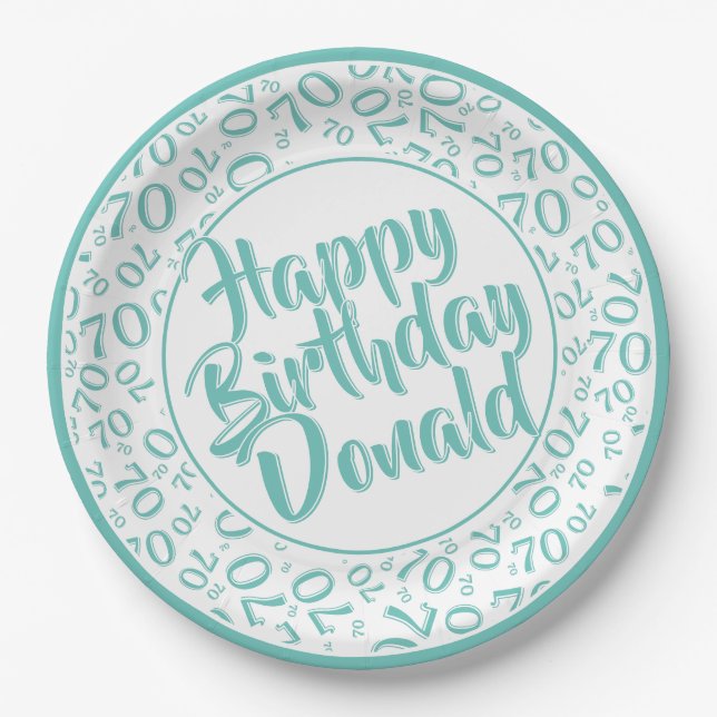 Teal/White 70th Random Number Pattern Paper Plate (Front)