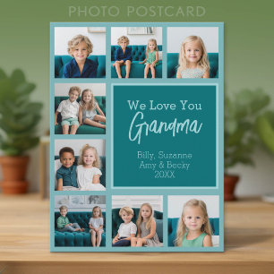 Teal & White 8 Photo Collage - We Love Grandma Postcard