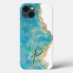 Teal & White Agate Marble Abstract Name Monogram iPhone 13 Case