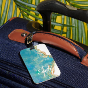 Teal & White Agate Marble Abstract Name Monogram Luggage Tag