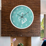 Teal White Anchor Beach House Custom Family Name  Clock<br><div class="desc">Unique nautical wall clock in teal and white with anchor print. Personalise with family name and  established year.</div>
