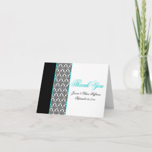 Teal, White, and Black Damask Thank You Card