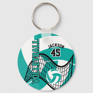 Teal, White and Black Volleyball Design Key Ring