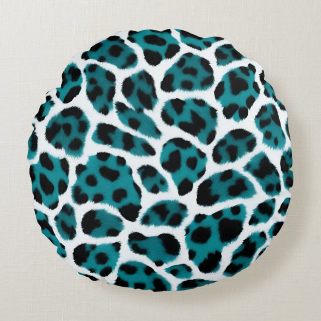 Teal White Animal Print Round Cushion (Front)