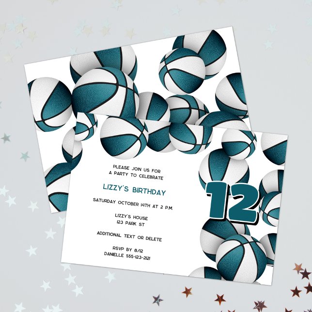 teal white basketballs girls boys birthday party invitation (Creator Uploaded)