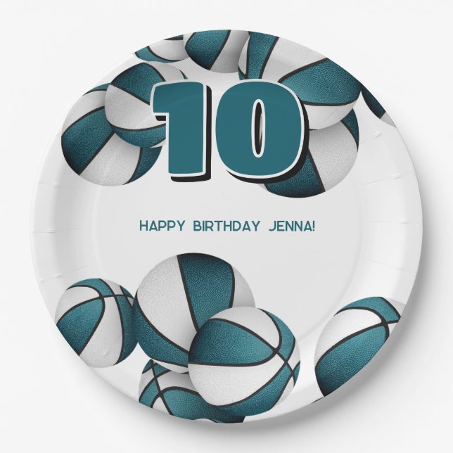 teal white basketballs girls boys sports party paper plate (Front)