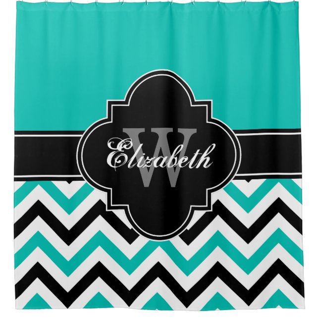 Teal White Black LG Chevron 1ICBR Name Monogram Shower Curtain (Front)
