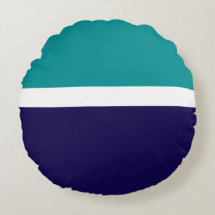 Teal White Blue Plain Colour Block Design Round Cushion