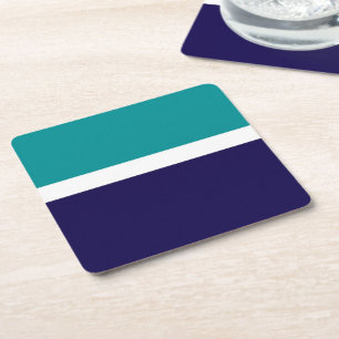 Teal White Blue Plain Colour Block Design  Square Paper Coaster